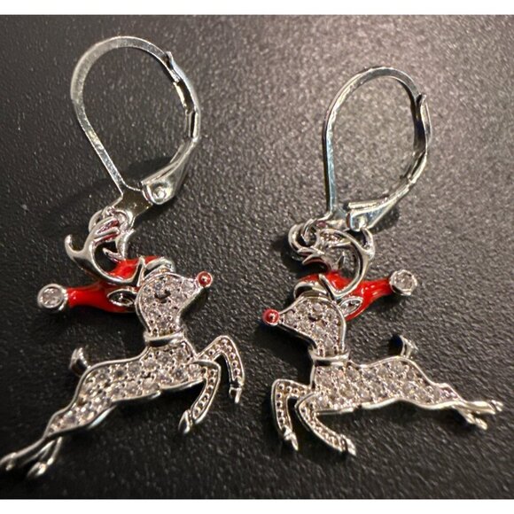 Rhinestone Reindeer Holiday Dangle Earrings Jewelry - Picture 2 of 4